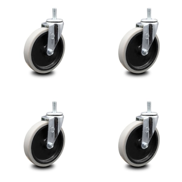 5 Inch Thermoplastic Rubber Wheel 3/8 Inch Threaded Stem Caster SCC, 4PK